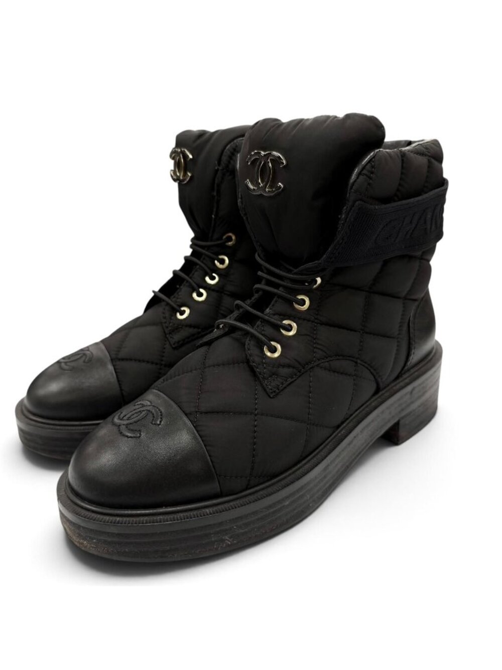 Chanel CC Logo Quilted Leather Short Boots Black 37.5 Box Bag Included